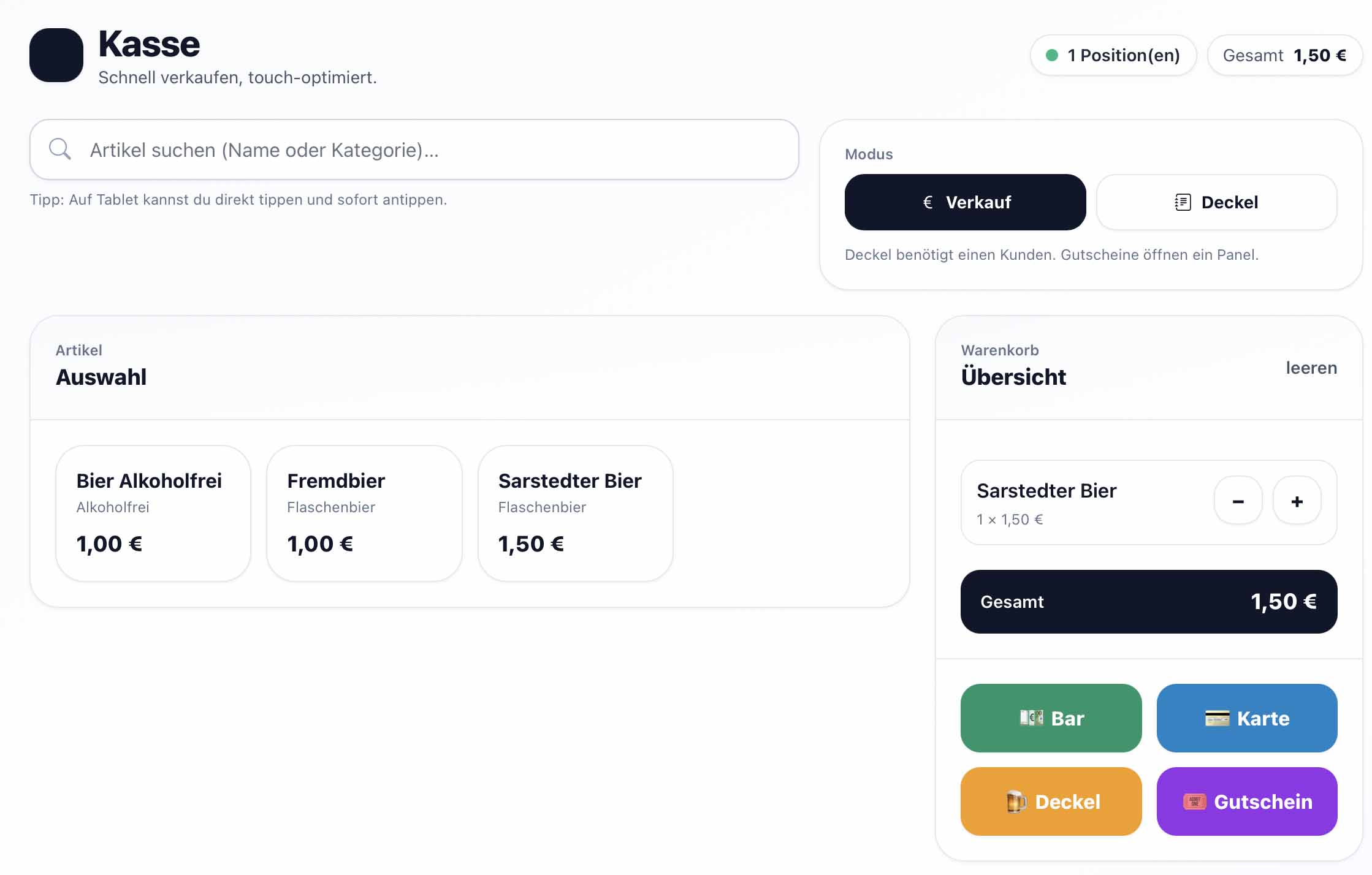Kassenoberfläche von Trinkwert mit Artikelauswahl und Warenkorb